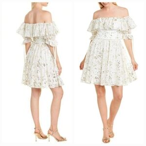 LOVE by Theia Off Shoulder Chiffon A-line‎ Cocktail Mini Dress Metallic Gold 0